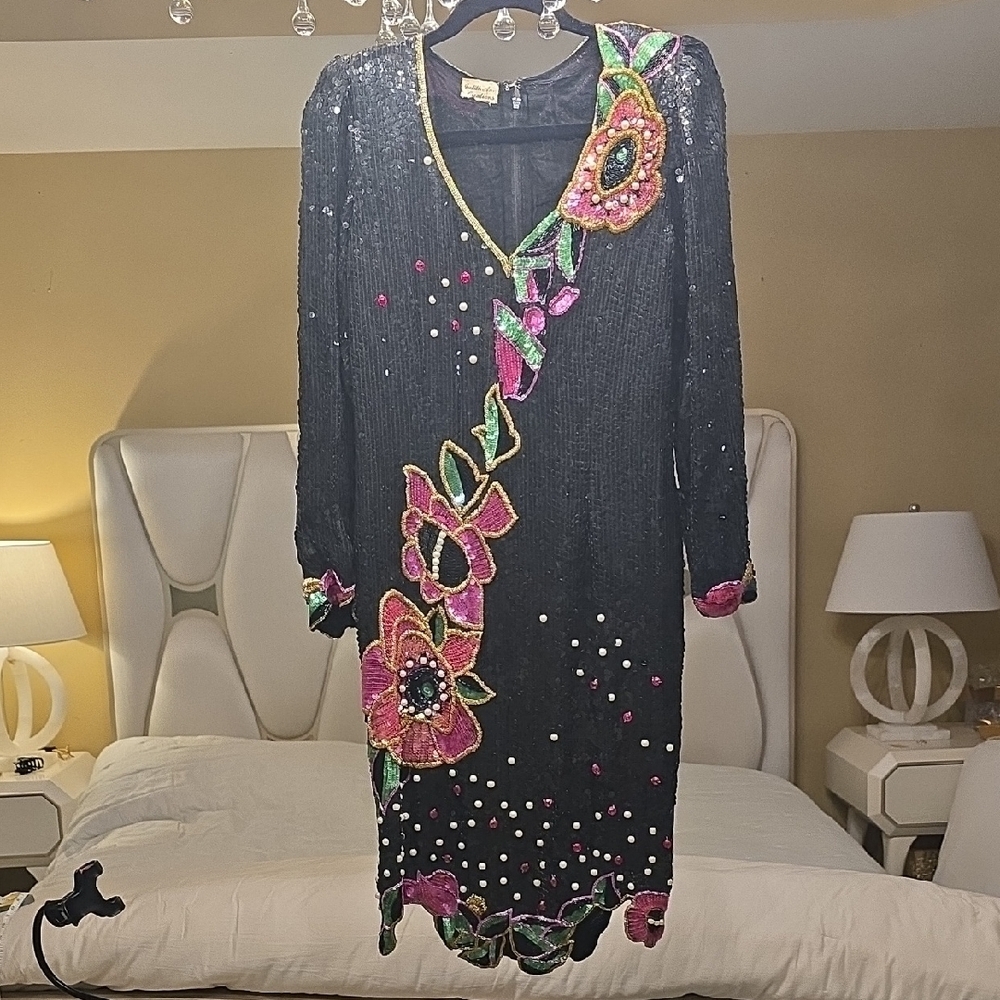 Judith Ann Vintage Silk Chic Black Sequin Dress with Floral Embellishments